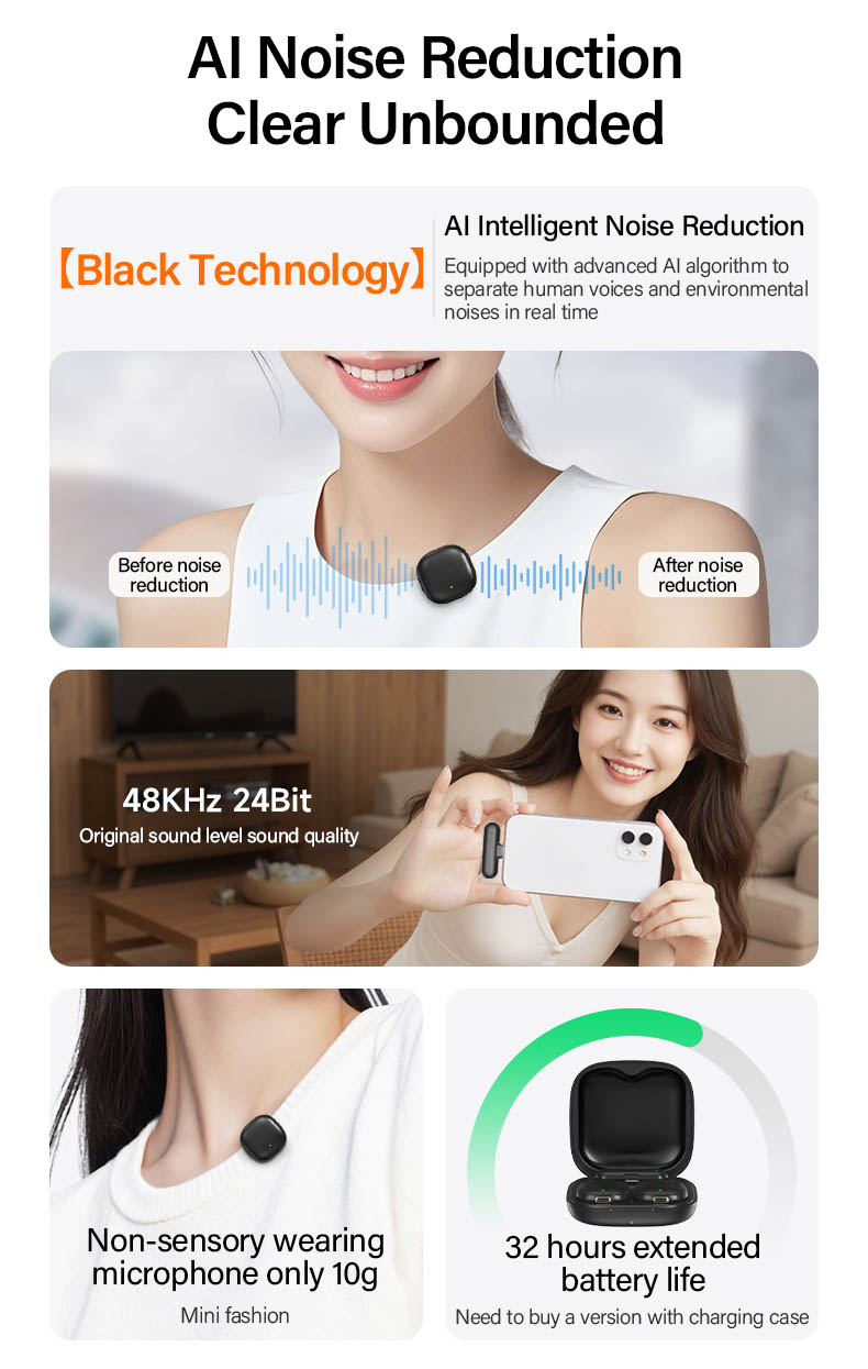 AI Noise-Canceling Lapel Mic Pro - 48KHz/24Bit & 200m Wireless for Professionals